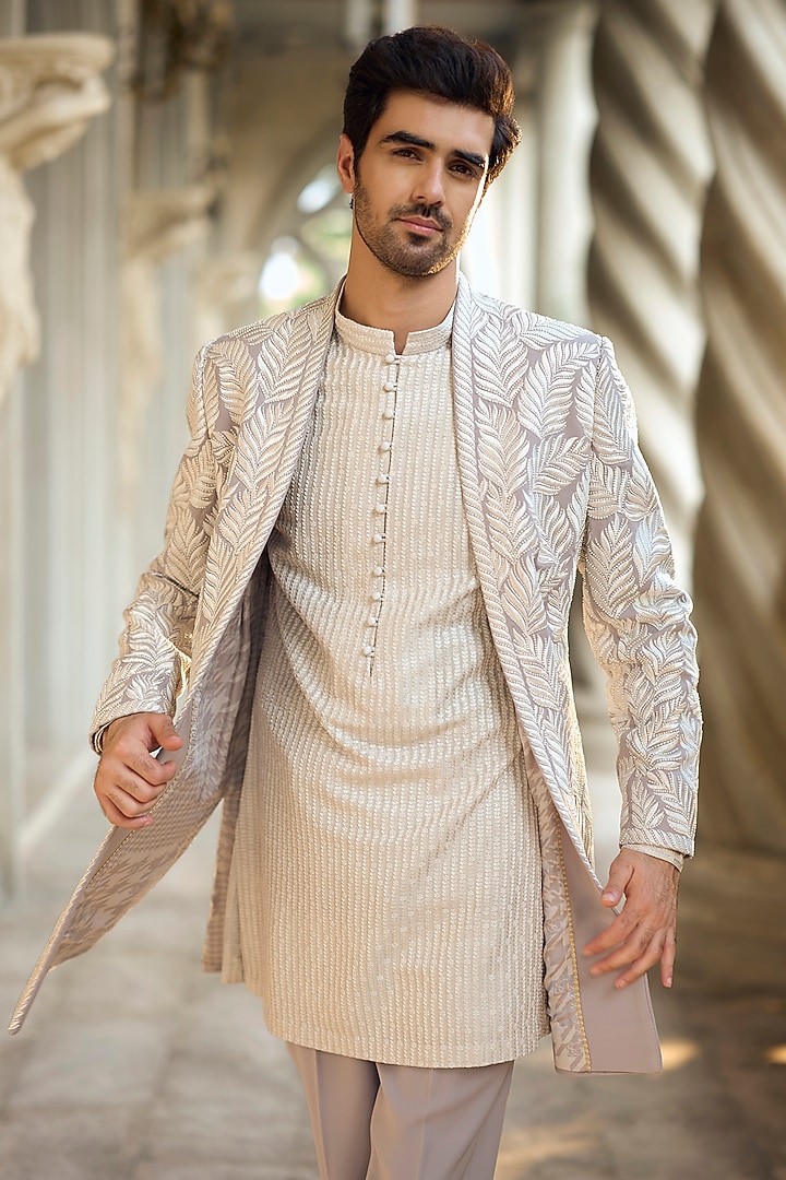 Grey Italian Crepe Embroidered Groom Indowestern Set by Seema Gujral Men at Pernia's Pop Up Shop
