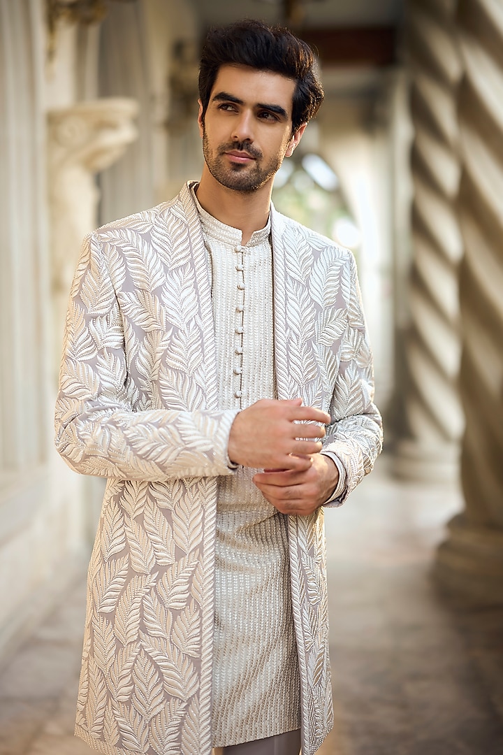 Grey Italian Crepe Embroidered Groom Indowestern Set by Seema Gujral Men at Pernia's Pop Up Shop