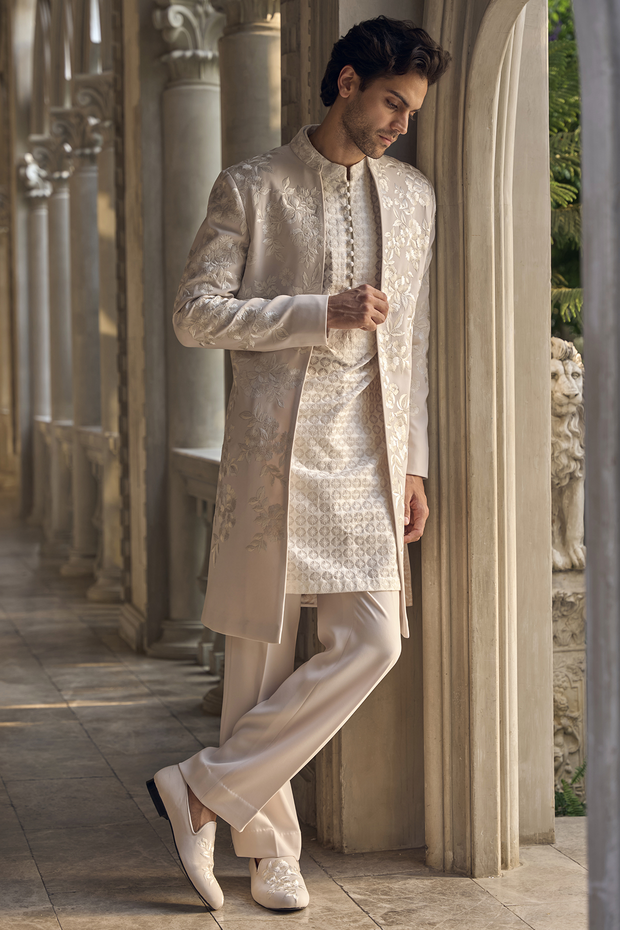 Light Beige Italian Crepe Thread Embroidered Open Groom Sherwani Set by Seema Gujral Men at Pernia's Pop Up Shop