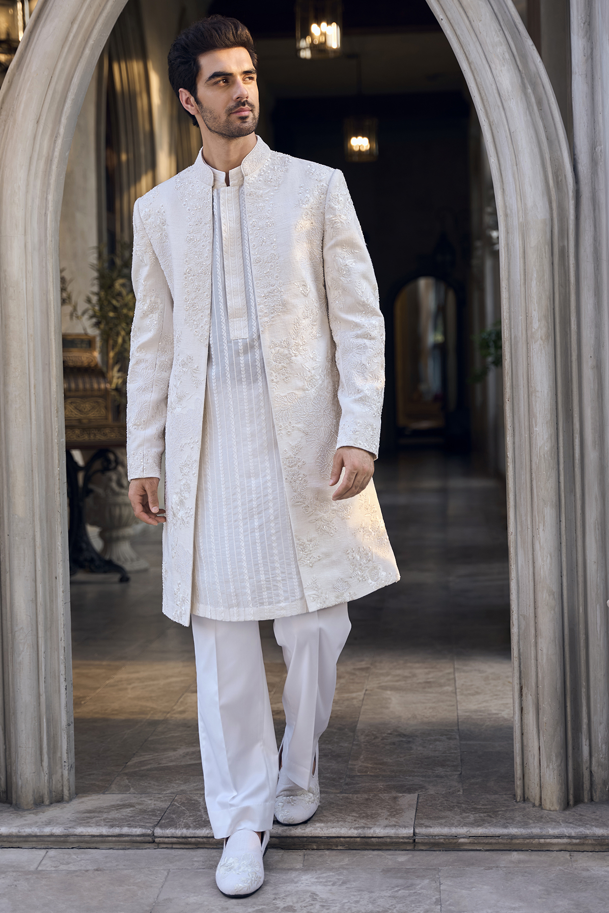 Beige Matka Silk Thread Embroidered Open Sherwani Set by Seema Gujral Men