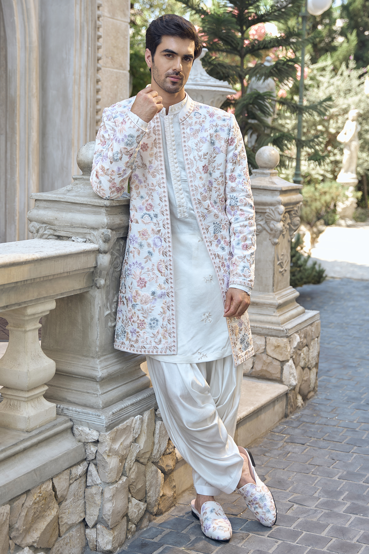 Multi-Colored Matka Silk Thread Embroidered Open Sherwani Set by Seema Gujral Men