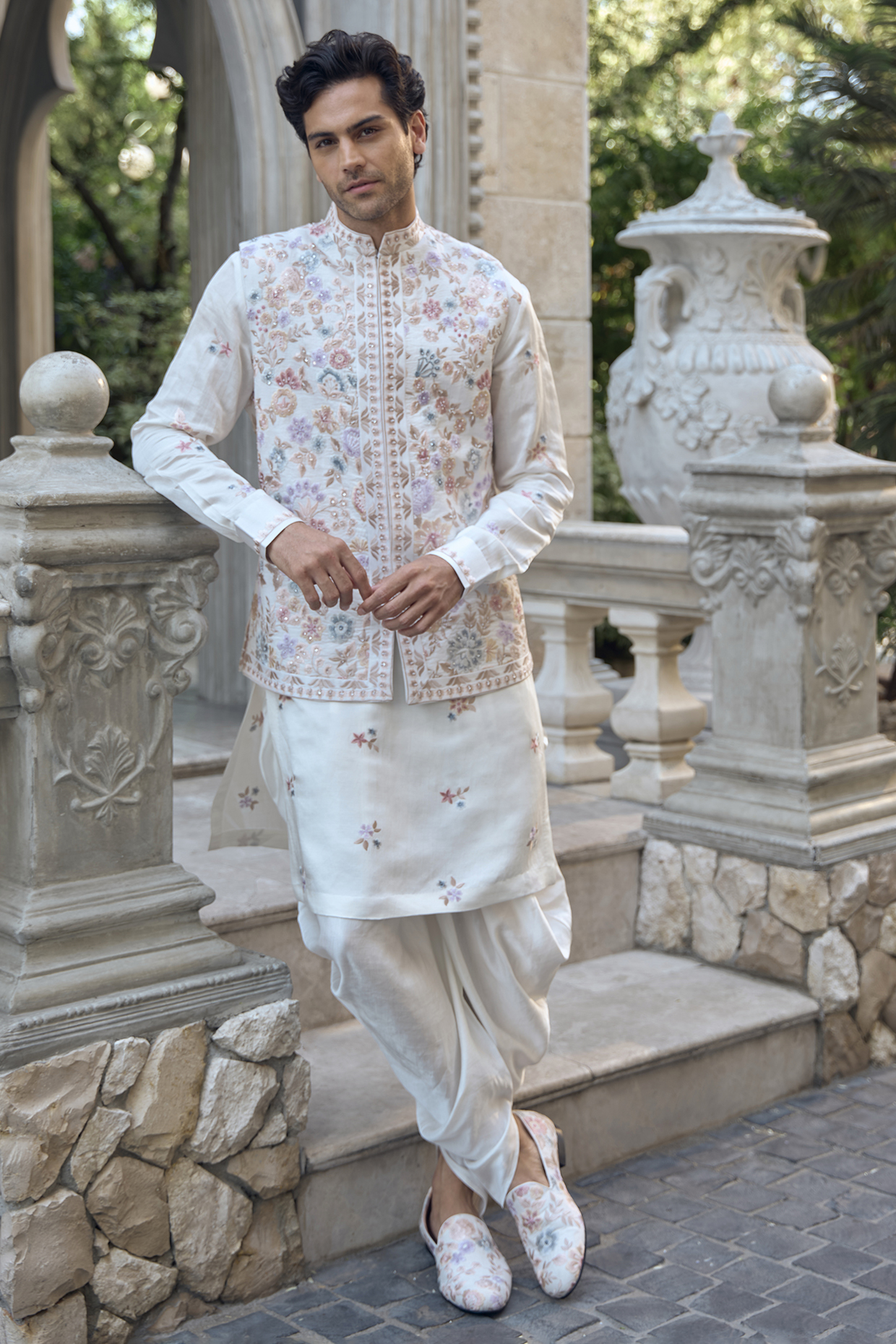 Multi-Colored Linen Satin Thread Embroidered Bundi Jacket Set by Seema Gujral Men