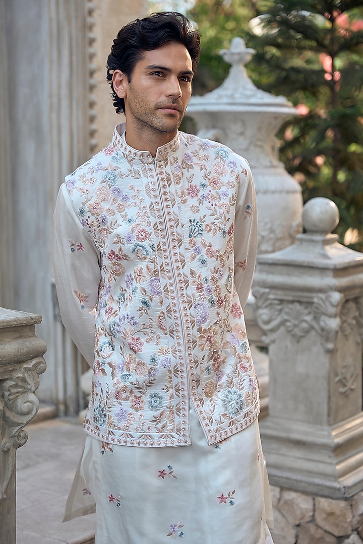Multi-Colored Linen Satin Thread Embroidered Bundi Jacket Set by Seema Gujral Men at Pernia's Pop Up Shop