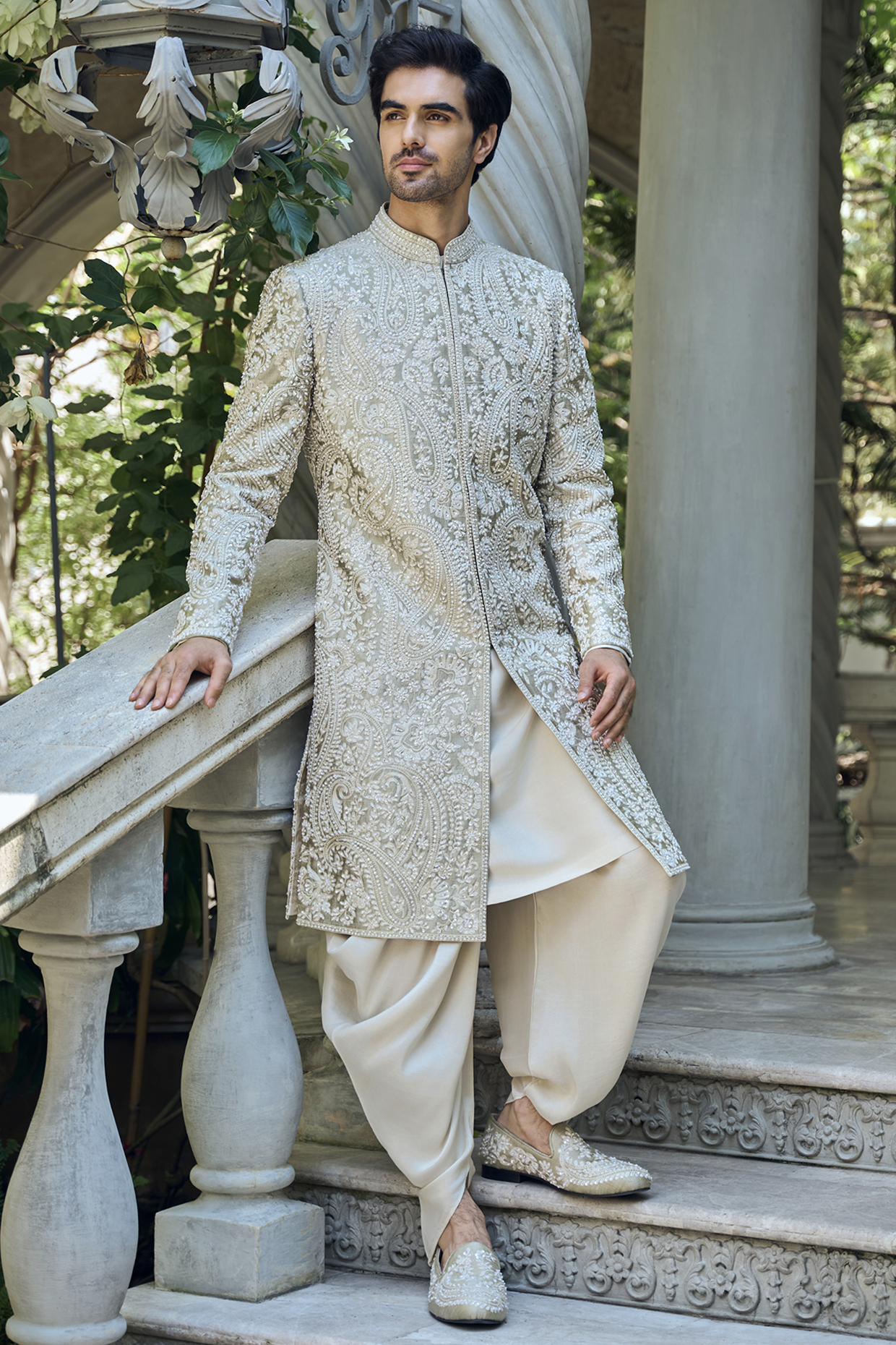 Champagne Raw Silk Thread Embroidered Sherwani Set by Seema Gujral Men