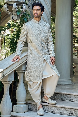 Champagne Raw Silk Thread Embroidered Sherwani Set by Seema Gujral Men
