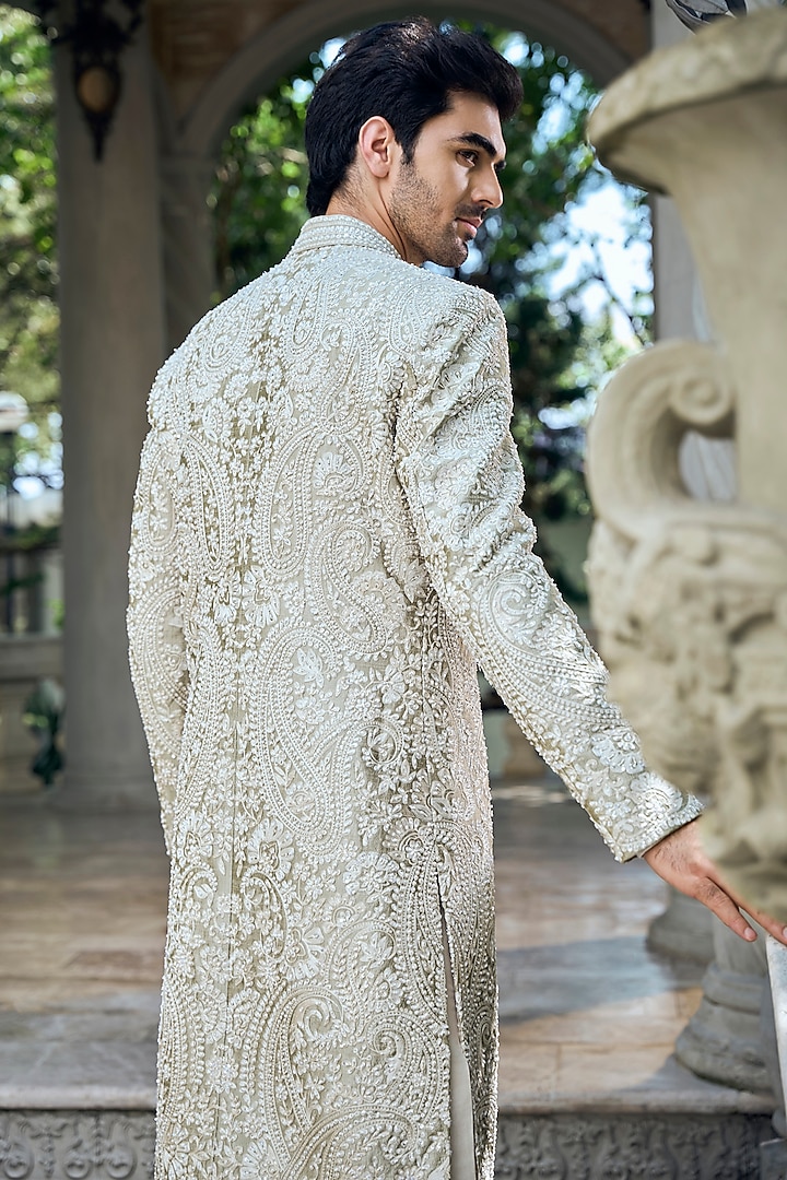 Champagne Raw Silk Thread Embroidered Groom Sherwani Set by Seema Gujral Men at Pernia's Pop Up Shop