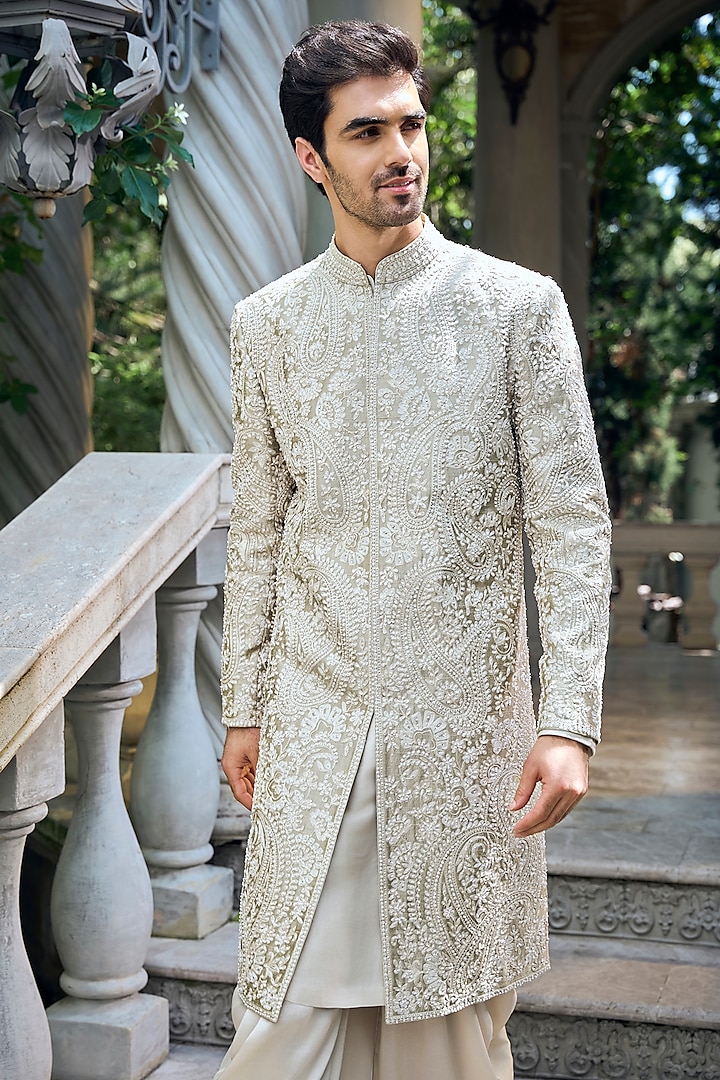 Champagne Raw Silk Thread Embroidered Groom Sherwani Set by Seema Gujral Men at Pernia's Pop Up Shop