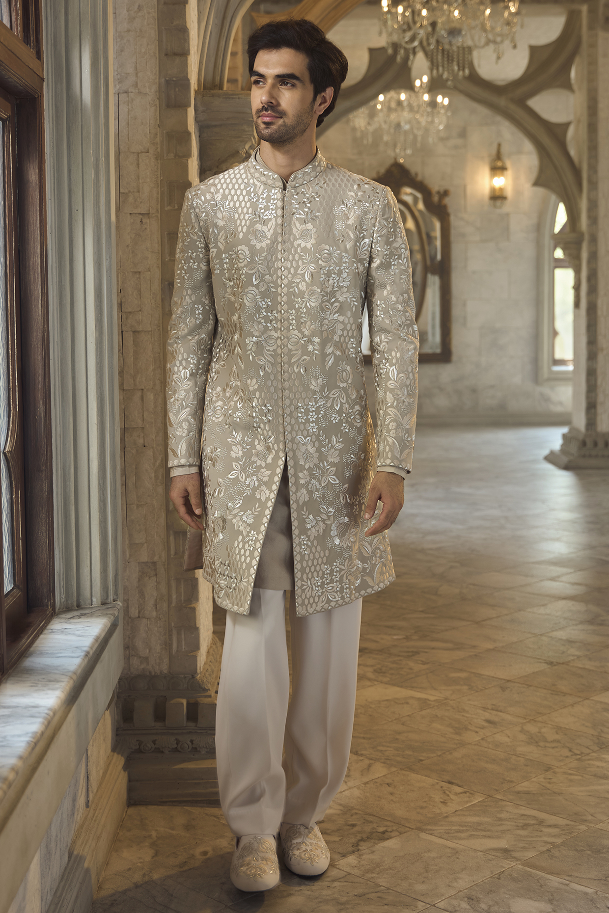 Greige Italian Crepe Zari Embroidered Sherwani Set by Seema Gujral Men