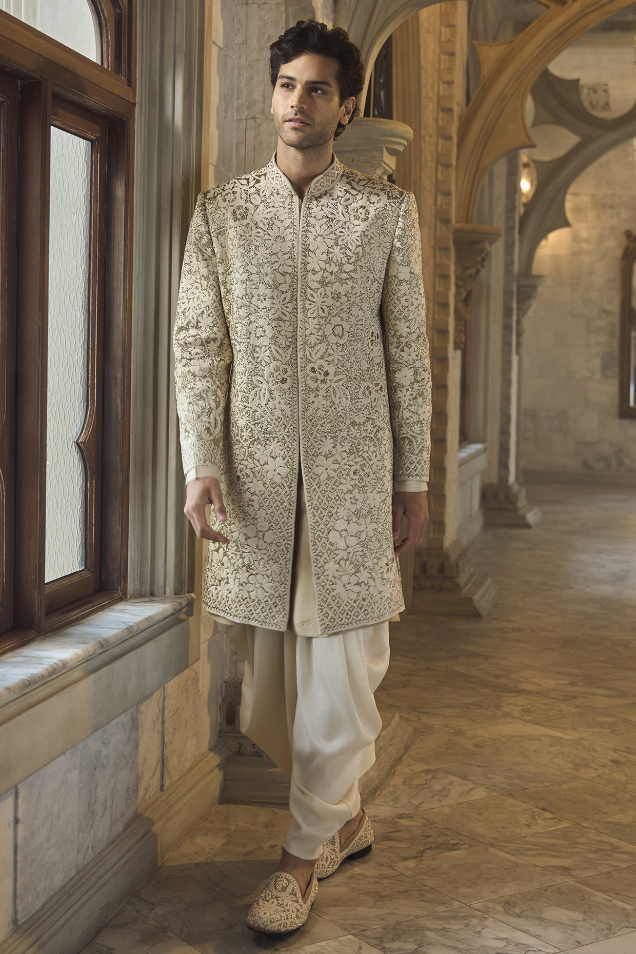 Antique Gold Raw Silk Dori Embroidered Sherwani Set by Seema Gujral Men