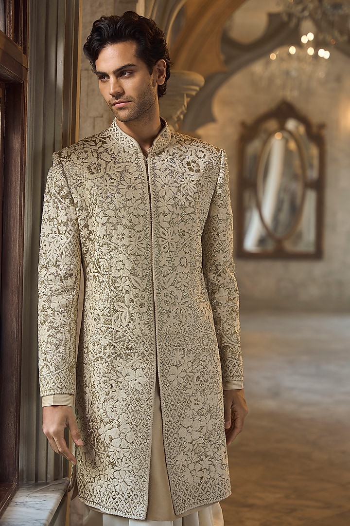 Antique Gold Raw Silk Dori Embroidered Groom Sherwani Set by Seema Gujral Men at Pernia's Pop Up Shop