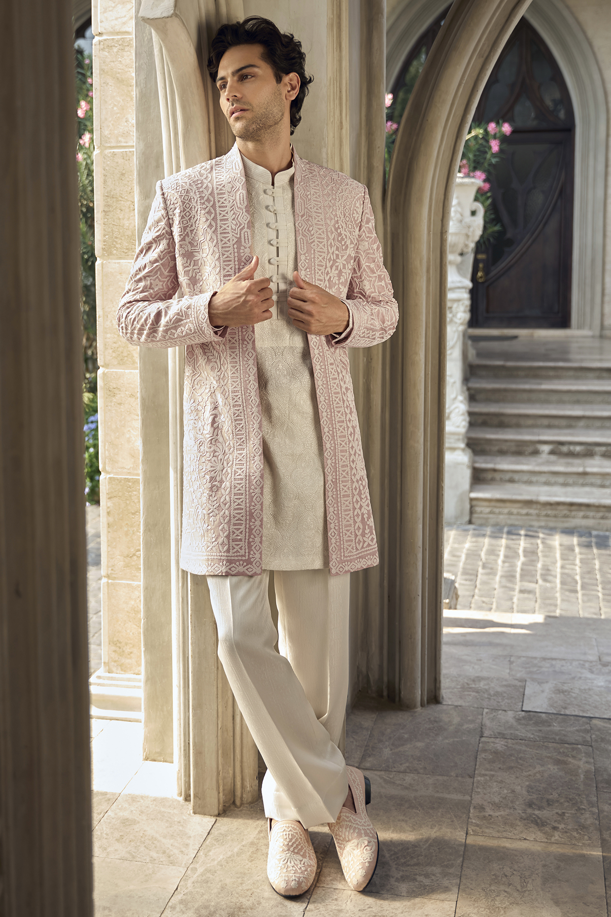 Dusty Rose Silk Dori Embroidered Sherwani Set by Seema Gujral Men