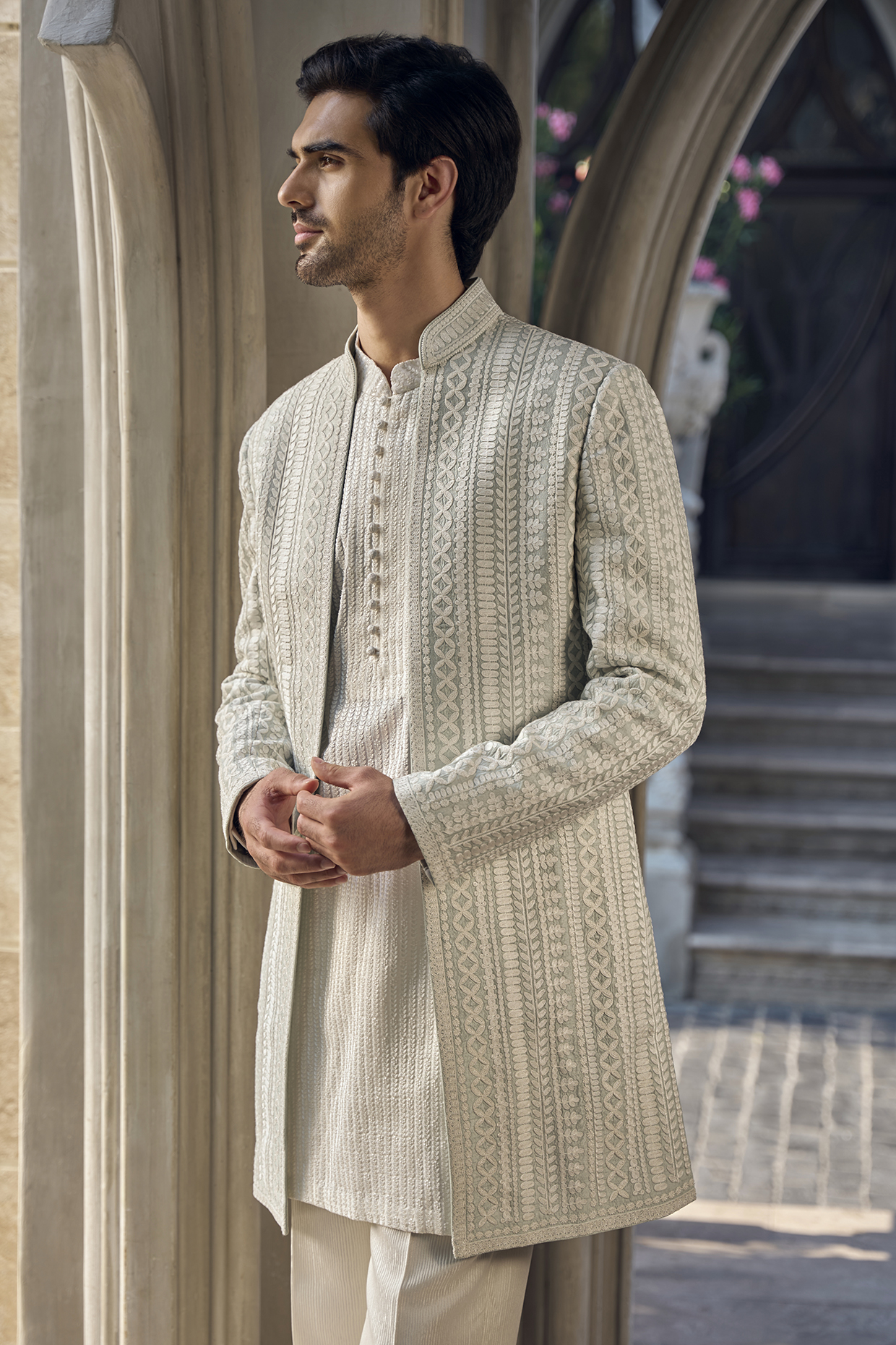 Grey Silk Dori Embroidered Sherwani Set by Seema Gujral Men