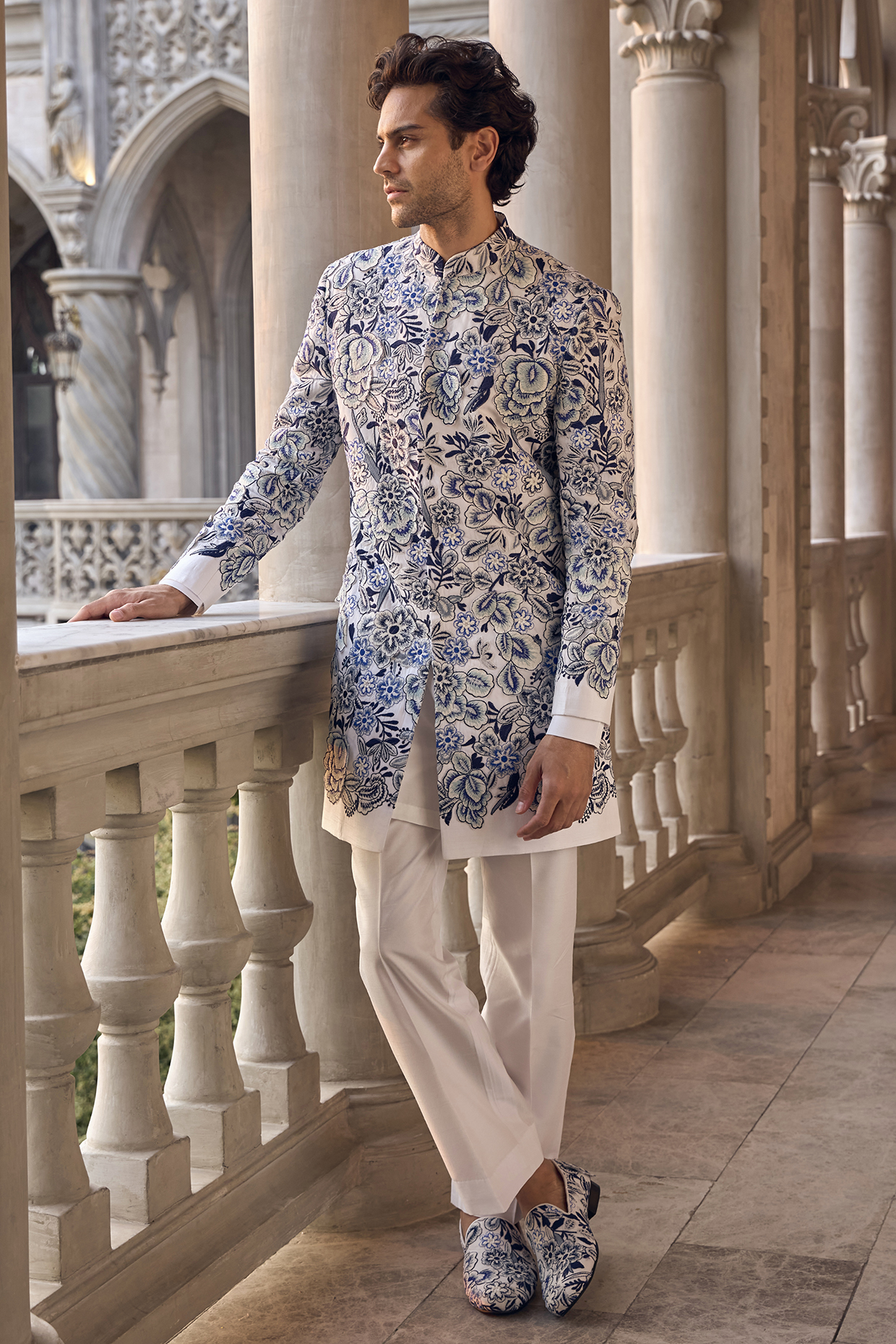 Indigo & Ivory Silk Cutwork Embroidered Sherwani Set by Seema Gujral Men