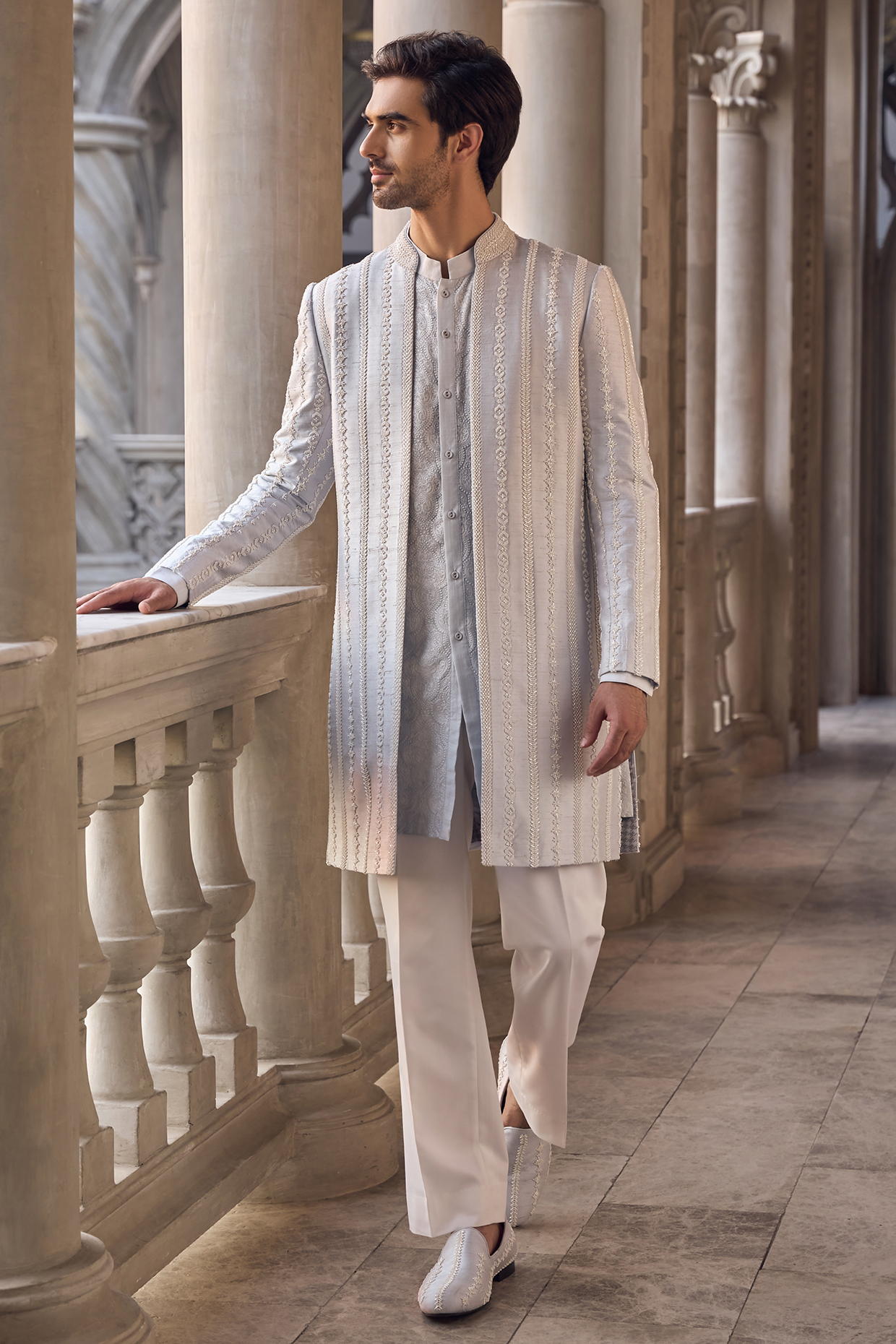 Powder Blue Raw Silk Pearl Embroidered Open Sherwani Set by Seema Gujral Men