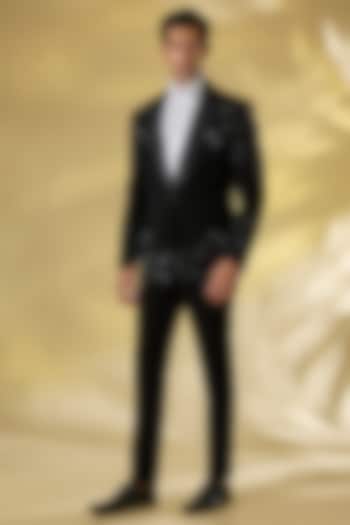 Black Suiting Bugle Bead Embroidered Tuxedo Set by Seema Gujral Men