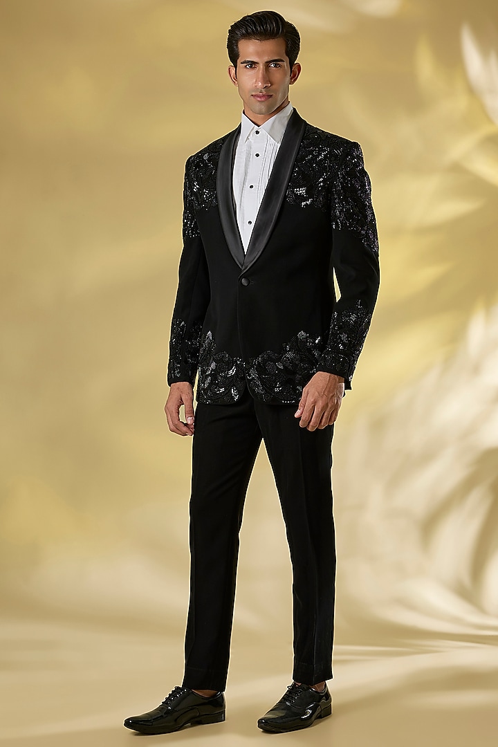 Black Suiting Bugle Bead Embroidered Tuxedo Set by Seema Gujral Men