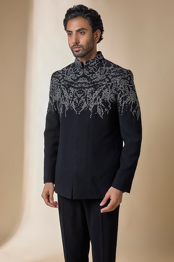 Black Suiting Groom Bandhgala Set by Seema Gujral Men at Pernia's Pop Up Shop
