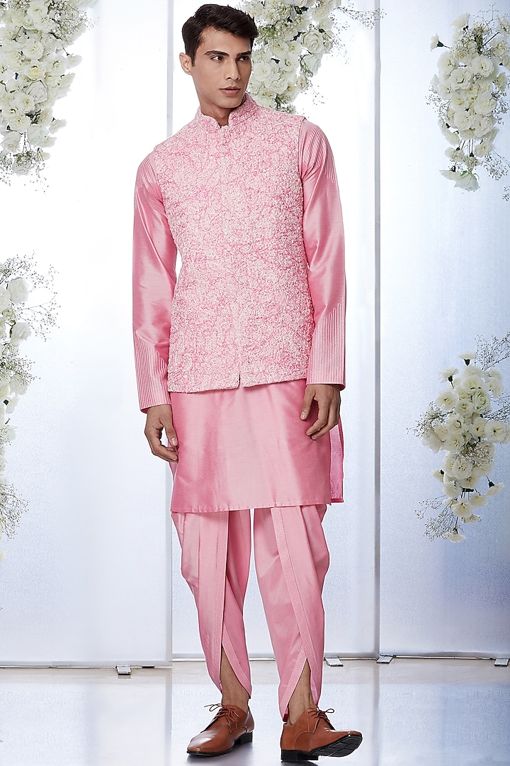 Pearl Pink Embroidered Bundi Jacket With Kurta Set by Seema Gujral Men