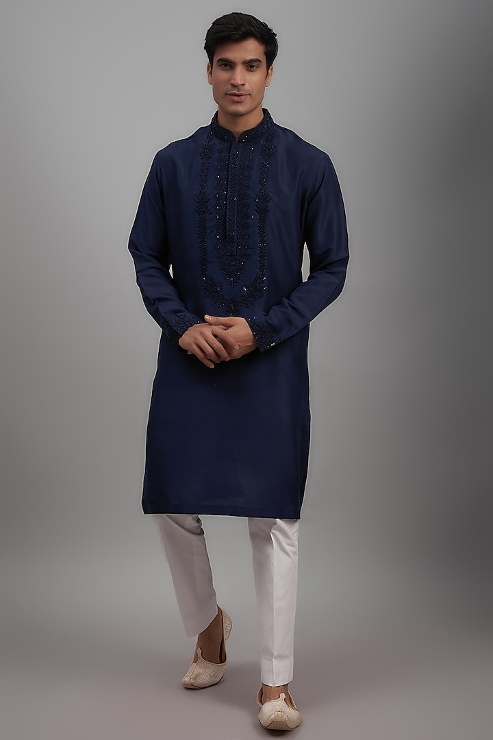 Navy Blue Silk Embroidered Kurta Set by Seema Gujral Men