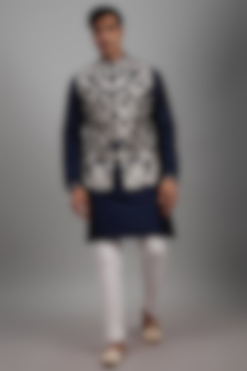 Metallic Blue Raw Silk Embroidered Nehru Jacket Set by Seema Gujral Men at Pernia's Pop Up Shop