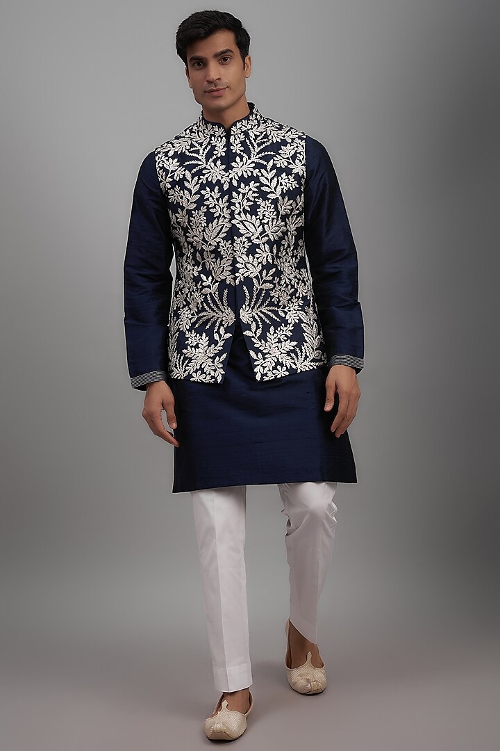 Metallic Blue Raw Silk Embroidered Nehru Jacket Set by Seema Gujral Men at Pernia's Pop Up Shop