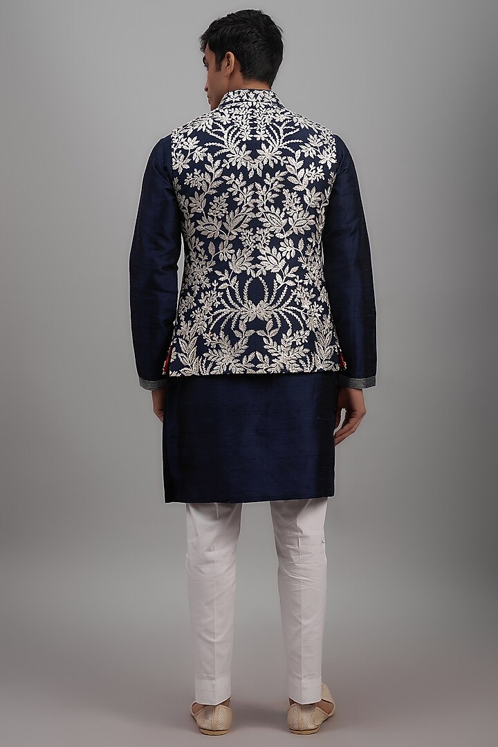 Metallic Blue Raw Silk Embroidered Nehru Jacket Set by Seema Gujral Men at Pernia's Pop Up Shop