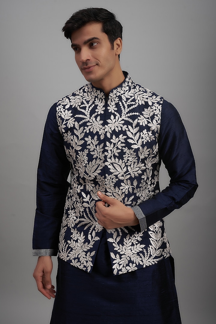 Metallic Blue Raw Silk Embroidered Nehru Jacket Set by Seema Gujral Men at Pernia's Pop Up Shop