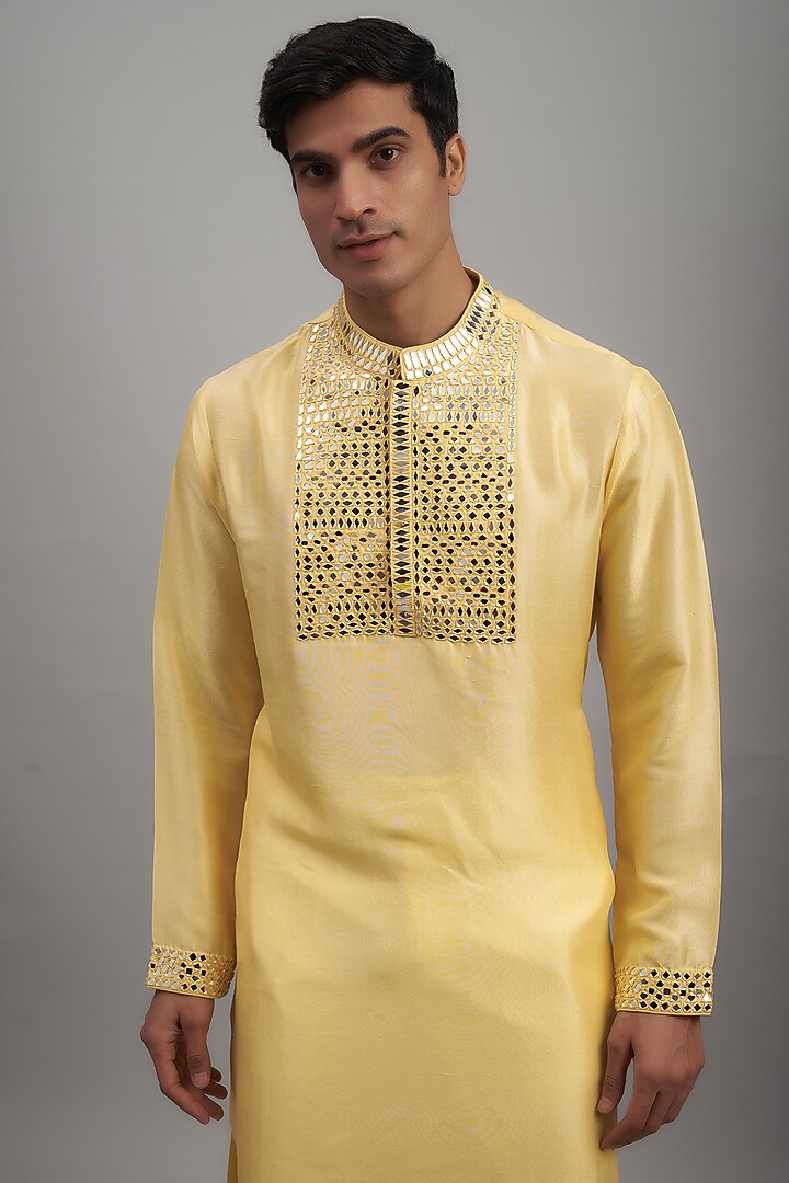Yellow Dupion Silk Embroidered Kurta Set by Seema Gujral Men at Pernia's Pop Up Shop