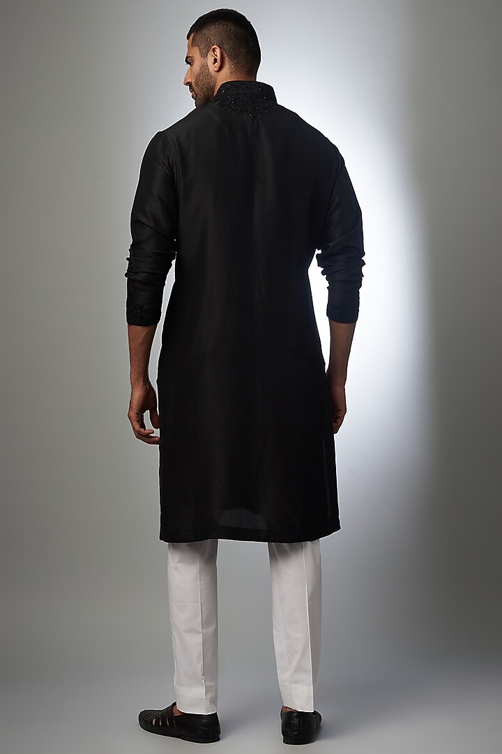 Black Silk Dori Embroidered Kurta Set by Seema Gujral Men at Pernia's Pop Up Shop