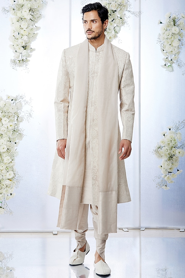 Ivory Raw Silk Sequins Embroidered Sherwani Set by Seema Gujral Men