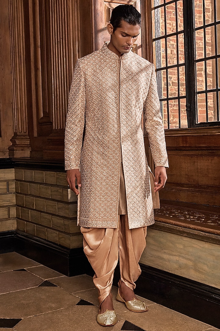 Champagne Raw Silk Thread & Sequins Embroidered Sherwani Set by Seema Gujral Men