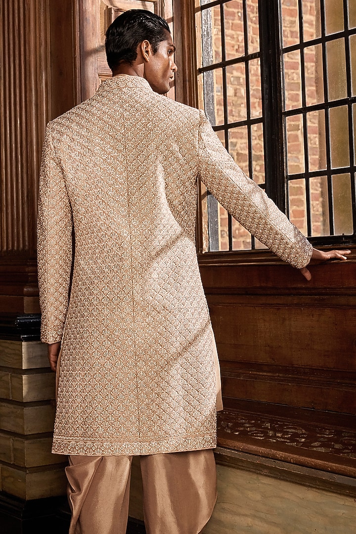 Champagne Raw Silk Thread & Sequins Embroidered Groom Sherwani Set by Seema Gujral Men at Pernia's Pop Up Shop