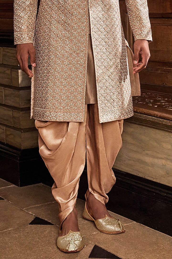 Champagne Raw Silk Thread & Sequins Embroidered Groom Sherwani Set by Seema Gujral Men at Pernia's Pop Up Shop