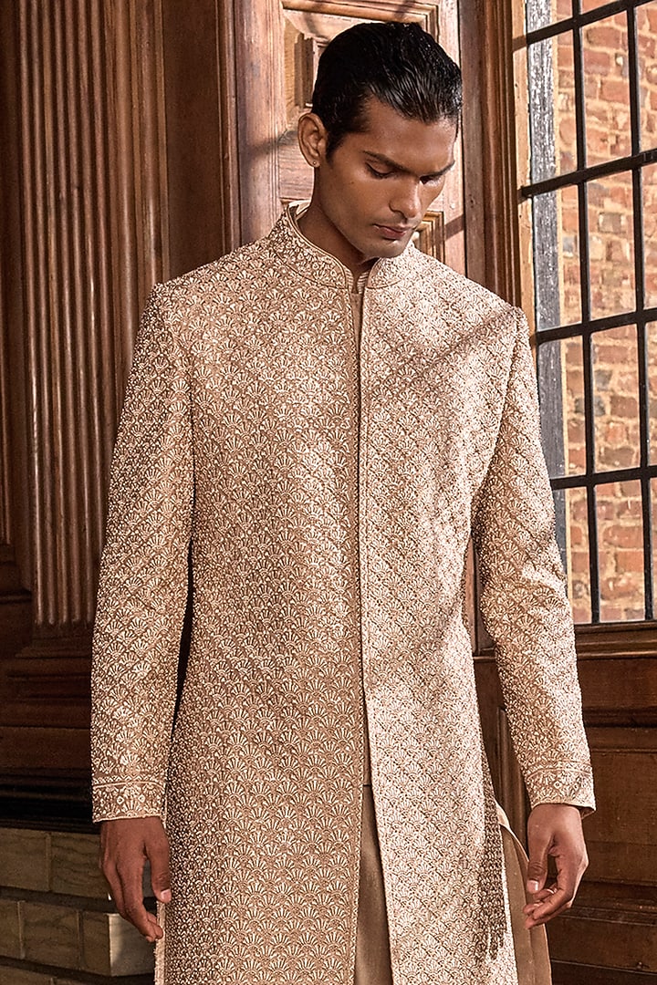 Champagne Raw Silk Thread & Sequins Embroidered Groom Sherwani Set by Seema Gujral Men at Pernia's Pop Up Shop