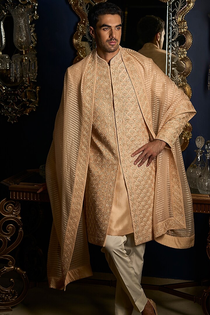 Peach Raw Silk & Silk Groom Sherwani Set by Seema Gujral Men at Pernia's Pop Up Shop