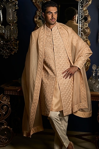 Peach Raw Silk & Silk Sherwani Set by Seema Gujral Men