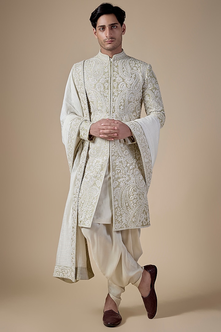 Mint Green Silk Groom Sherwani Set by Seema Gujral Men at Pernia's Pop Up Shop