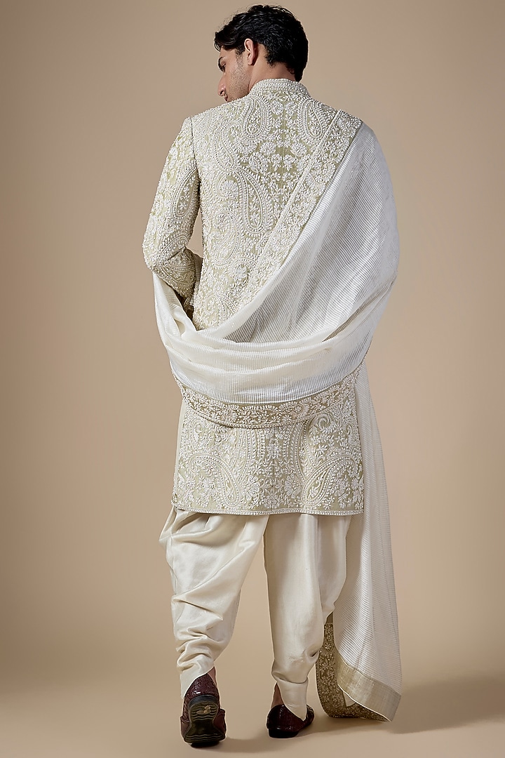 Mint Green Silk Groom Sherwani Set by Seema Gujral Men at Pernia's Pop Up Shop