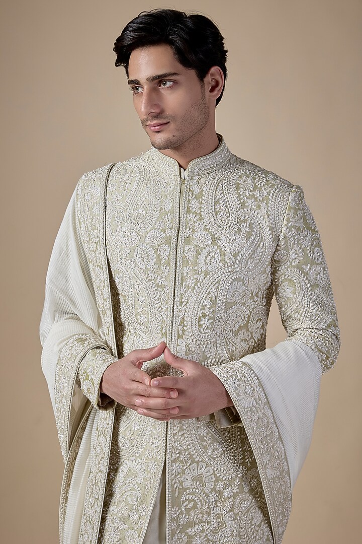 Mint Green Silk Groom Sherwani Set by Seema Gujral Men at Pernia's Pop Up Shop