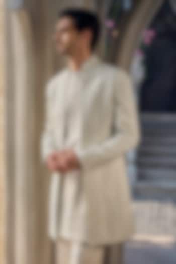 Grey Silk Dori Embroidered Groom Sherwani Set by Seema Gujral Men at Pernia's Pop Up Shop