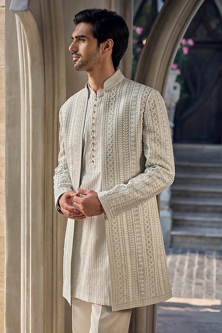 Grey Silk Dori Embroidered Groom Sherwani Set by Seema Gujral Men at Pernia's Pop Up Shop