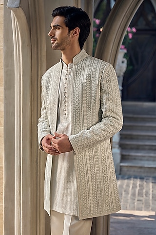 Grey Silk Dori Embroidered Sherwani Set by Seema Gujral Men