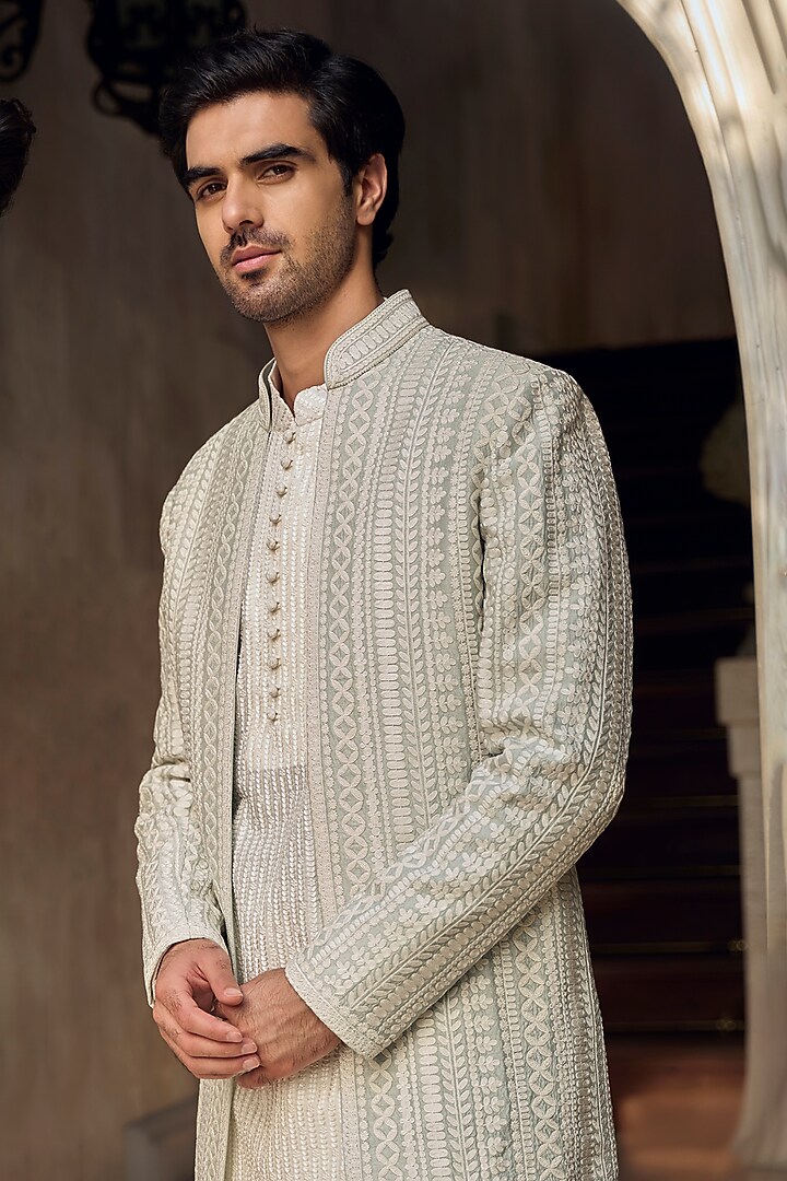 Grey Silk Dori Embroidered Groom Sherwani Set by Seema Gujral Men at Pernia's Pop Up Shop