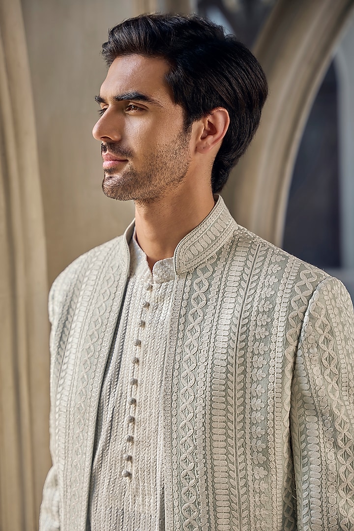 Grey Silk Dori Embroidered Groom Sherwani Set by Seema Gujral Men at Pernia's Pop Up Shop
