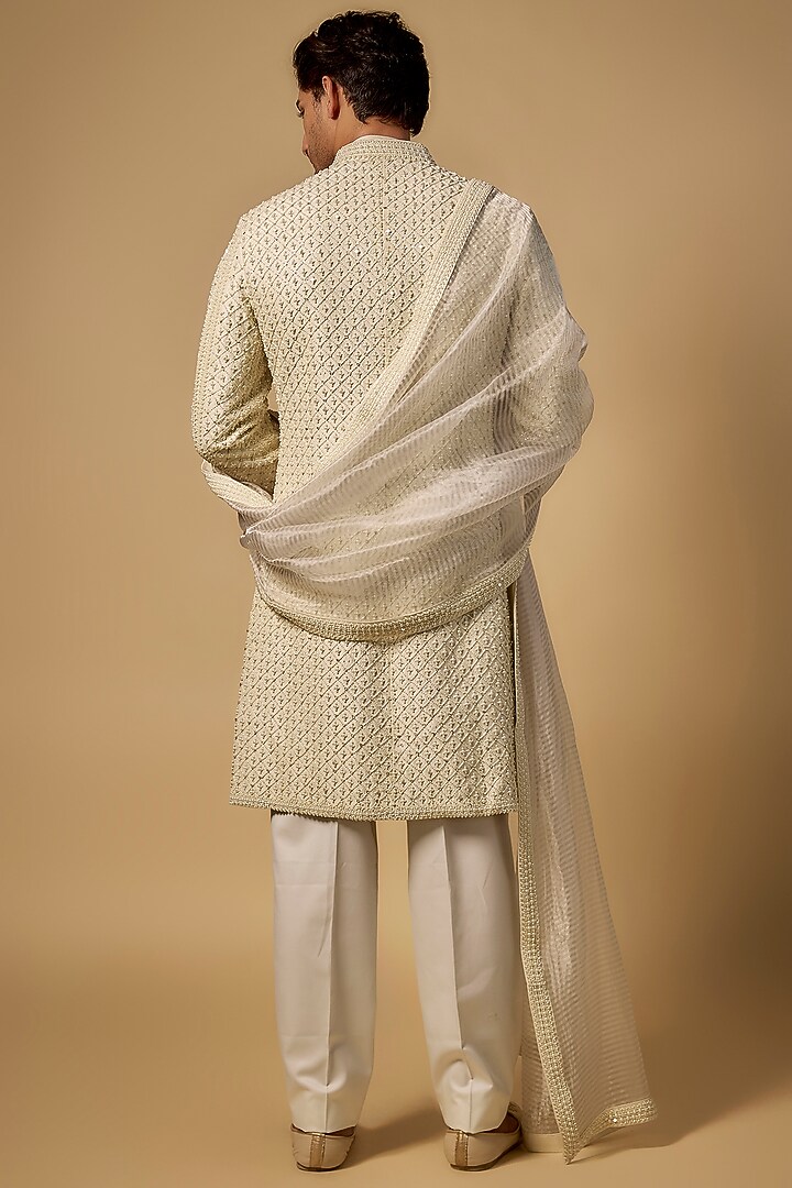 Ivory Silk Groom Sherwani Set by Seema Gujral Men at Pernia's Pop Up Shop
