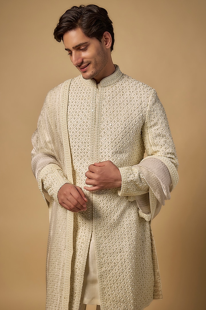 Ivory Silk Groom Sherwani Set by Seema Gujral Men at Pernia's Pop Up Shop