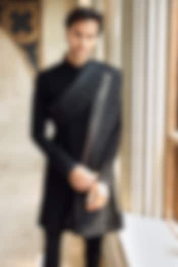 Black Italian Crepe Thread Embroidered Groom Sherwani Set by Seema Gujral Men at Pernia's Pop Up Shop