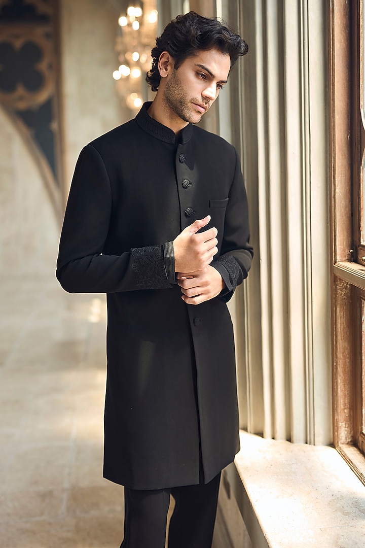 Black Italian Crepe Thread Embroidered Groom Sherwani Set by Seema Gujral Men at Pernia's Pop Up Shop