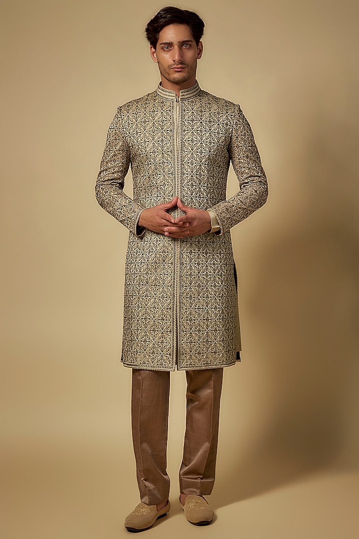 Coffee Brown Silk Groom Sherwani Set by Seema Gujral Men at Pernia's Pop Up Shop