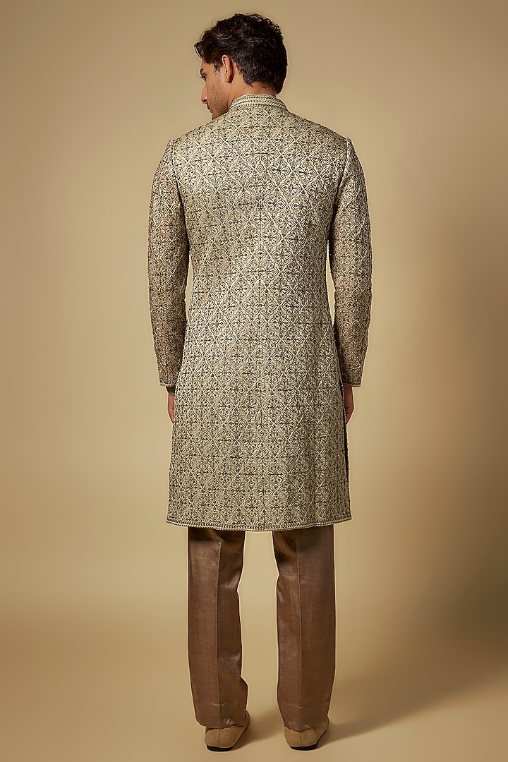 Coffee Brown Silk Groom Sherwani Set by Seema Gujral Men at Pernia's Pop Up Shop